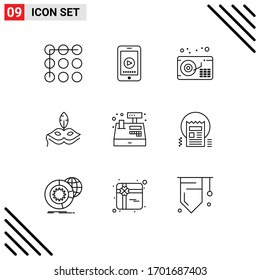 Mobile Interface Outline Set of 9 Pictograms of shopping; payment; gramophone; cash; venetian Editable Vector Design Elements