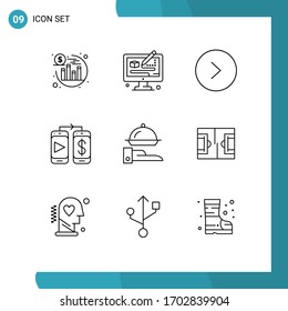 Mobile Interface Outline Set of 9 Pictograms of football; restaurant; circle; line; money Editable Vector Design Elements