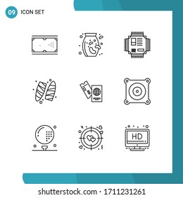 Mobile Interface Outline Set of 9 Pictograms of passport; surfboard; chip; sports; technology Editable Vector Design Elements