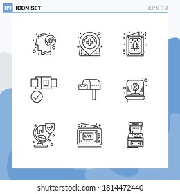 Mobile Interface Outline Set of 9 Pictograms of mail box; letter box; tree; safety; belt Editable Vector Design Elements