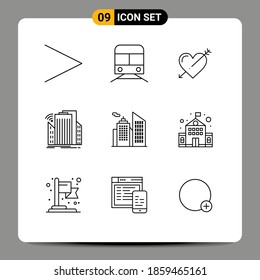 Mobile Interface Outline Set of 9 Pictograms of urban; sensor; heart; city; valentine Editable Vector Design Elements