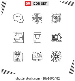 Mobile Interface Outline Set of 9 Pictograms of school; bag; firewall; maze; labyrinth Editable Vector Design Elements