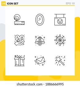 Mobile Interface Outline Set of 9 Pictograms of people; caring; mirror; care; pumpkin Editable Vector Design Elements