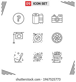 Mobile Interface Outline Set of 9 Pictograms of multimedia; disk; camera; street; sign Editable Vector Design Elements