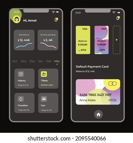 Mobile interface, payment design, vector elements isolated on dark background. Landing page, mobile app, site template. Line art, business icons. Inbound marketing.