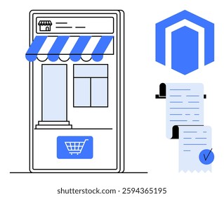 Mobile interface with shop storefront and shopping cart icon, e-commerce platform logo, and transaction receipt. Ideal for online shopping, e-commerce, mobile apps, retail business, financial