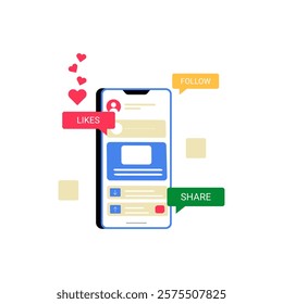 Mobile Interface With Social Media Icons Symbolizing Engagement, Sharing, And Follower Growth, Flat Vector Illustration Isolated On White Background