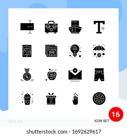 Mobile Interface Solid Glyph Set of 16 Pictograms of law; court; transport; word; text Editable Vector Design Elements
