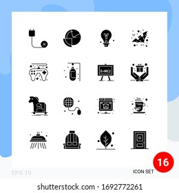 Mobile Interface Solid Glyph Set of 16 Pictograms of game controller; halloween; diagram; bird; idea Editable Vector Design Elements