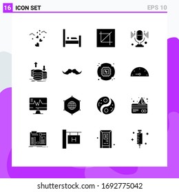 Mobile Interface Solid Glyph Set of 16 Pictograms of finance; sound; crop; microphone; tool Editable Vector Design Elements