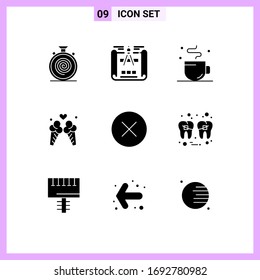 Mobile Interface Solid Glyph Set of 9 Pictograms of delete; sweet; break; travel; ice cream Editable Vector Design Elements