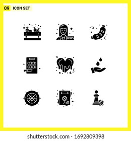 Mobile Interface Solid Glyph Set of 9 Pictograms of love; bleeding; fast; kitchen; board Editable Vector Design Elements