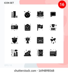 Mobile Interface Solid Glyph Set Of 16 Pictograms Of Fan; Message; Cam; Comment; Video Editable Vector Design Elements