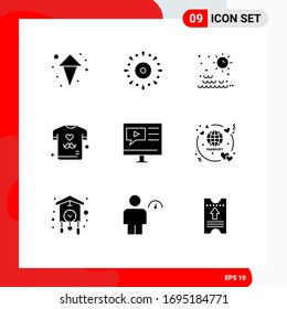 Mobile Interface Solid Glyph Set of 9 Pictograms of media; shirt; sea; fathers day; dad Editable Vector Design Elements