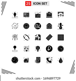 Mobile Interface Solid Glyph Set of 25 Pictograms of survey; online; money; laptop; romance Editable Vector Design Elements