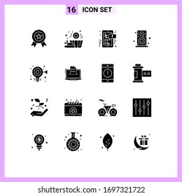 Mobile Interface Solid Glyph Set of 16 Pictograms of web; target; social media; bulb; player Editable Vector Design Elements