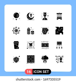 Mobile Interface Solid Glyph Set of 16 Pictograms of configure; warehouse; moon; forklift; cook Editable Vector Design Elements