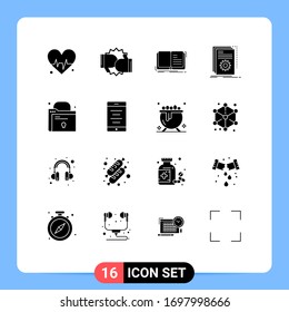 Mobile Interface Solid Glyph Set of 16 Pictograms of script; developer; author; build; storytelling Editable Vector Design Elements
