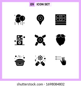 Mobile Interface Solid Glyph Set of 9 Pictograms of moustache; cooler; cash; player; music Editable Vector Design Elements