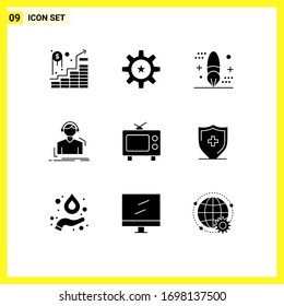 Mobile Interface Solid Glyph Set of 9 Pictograms of meloman; headphones; skill; engineer; development Editable Vector Design Elements