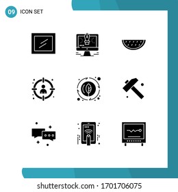 Mobile Interface Solid Glyph Set of 9 Pictograms of leaf; target; melon; select; head Editable Vector Design Elements