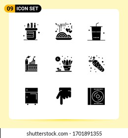 Mobile Interface Solid Glyph Set of 9 Pictograms of living; smoke; food; factory; building Editable Vector Design Elements