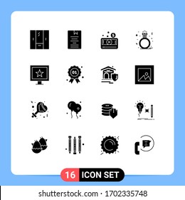 Mobile Interface Solid Glyph Set of 16 Pictograms of ring; diamond; knowledge; video; media player Editable Vector Design Elements