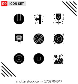 Mobile Interface Solid Glyph Set of 9 Pictograms of orbit; equipment; rose; dart; public Editable Vector Design Elements