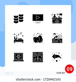 Mobile Interface Solid Glyph Set of 9 Pictograms of apple; agriculture; front desk; cleaning; bedroom Editable Vector Design Elements