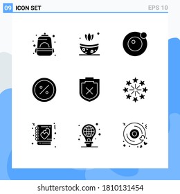 Mobile Interface Solid Glyph Set of 9 Pictograms of shield; online; orbit; market; e Editable Vector Design Elements