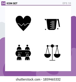 Mobile Interface Solid Glyph Set of 4 Pictograms of heart; poker; skin; jug; balance Editable Vector Design Elements