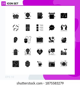Mobile Interface Solid Glyph Set of 25 Pictograms of target; map; book; interior; curtains Editable Vector Design Elements