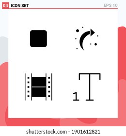 Mobile Interface Solid Glyph Set of 4 Pictograms of box; multimedia; arrow; film; subscript Editable Vector Design Elements