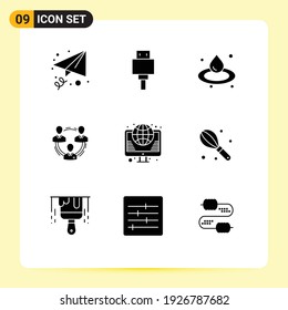 Mobile Interface Solid Glyph Set of 9 Pictograms of globe; social; droop; people; communication Editable Vector Design Elements