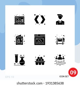 Mobile Interface Solid Glyph Set of 9 Pictograms of web; page; man; symbol; female Editable Vector Design Elements