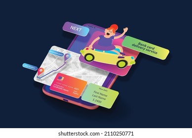 Mobile interface of the taxi ordering program with a cartoon girl on the phone screen. Vector banner