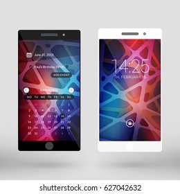 Mobile interface wallpaper design. Abstract vector background. Modern smartphone application interface elements. Black and white smartphones