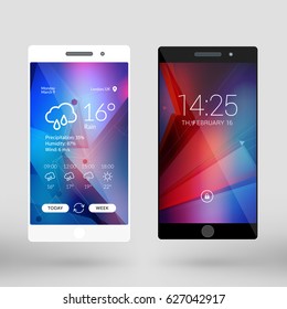 Mobile interface wallpaper design. Abstract vector background. Modern smartphone application interface elements. Black and white smartphones