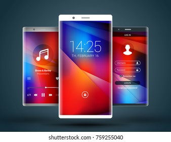 Mobile interface wallpaper design. Abstract vector background. Modern smartphone application interface elements. Metallic, white and black smartphones