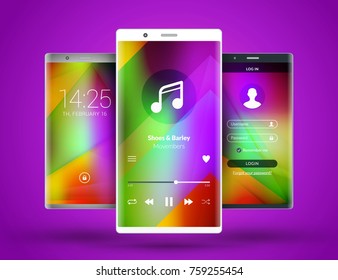 Mobile interface wallpaper design. Abstract vector background. Modern smartphone application interface elements. Metallic, white and black smartphones