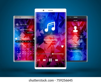 Mobile interface wallpaper design. Abstract vector background. Modern smartphone application interface elements. Metallic, white and black smartphones