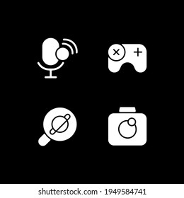 Mobile interface white glyph icons set for dark mode. Intelligent personal assistant. Web browser. Smartphone UI button. Silhouette symbols on black background. Vector isolated illustration bundle