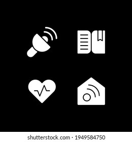 Mobile interface white glyph icons set for dark mode. Lantern. Book reader. Health and wellness. Smartphone UI button. Silhouette symbols on black background. Vector isolated illustration bundle