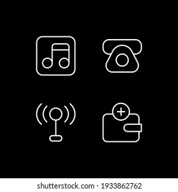 Mobile interface white linear icons set for dark theme. Phone book. Mobile networks. Songs, podcasts. Night mode customizable thin line symbols. Isolated vector outline illustrations. Editable stroke