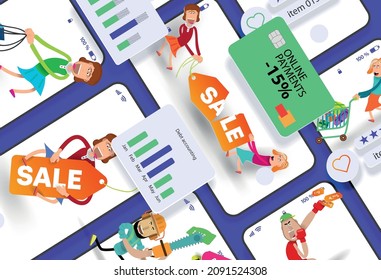Mobile interfaces with cartoon girls on sale. Vector banner