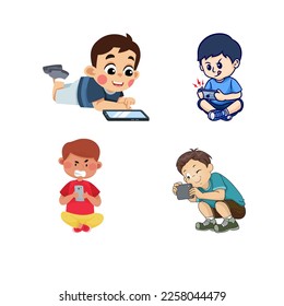 Mobile and internet addiction among kids. Vector set of children using phones and tablets.