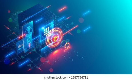 Mobile Internet Banking Abstract Conceptual Blue Background. Digital Safe Deposit With Online Access Via App On Smartphone. Protection Banking Card For Web Shopping. NFC Technology Contactless Payment