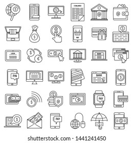 Mobile internet banking icons set. Outline set of mobile internet banking vector icons for web design isolated on white background