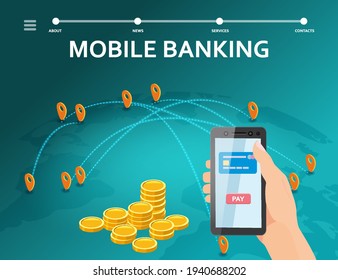 Mobile internet banking isometric. Hand hold smartphone, stacks coins, isometric. Concept mobile Ecommerce, shopping online illustration
