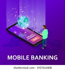Mobile internet banking isometric. Man smartphone, money transaction technology, mobile payment e-commerce concept. Vector illustration